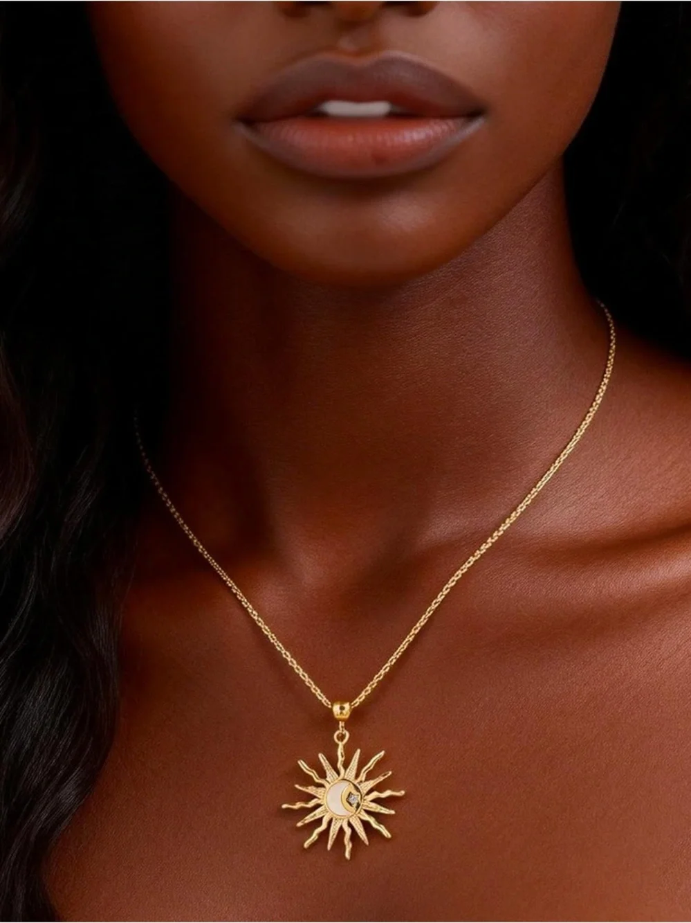 Celestial 14K Gold Plated Sun & Moon Pendant Necklace with Mother of Pearl